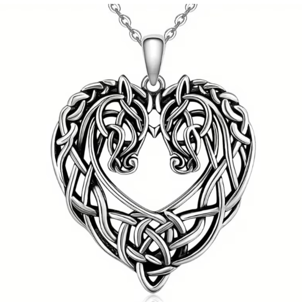 Celtic Knot  Horse Heart Pendant 2 Horses Braided Viking Necklace
